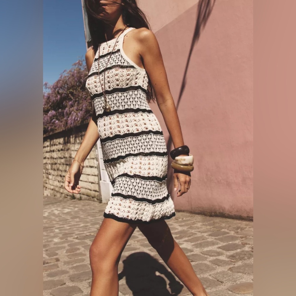 Zara Cream and black Zara crochet halter mini dress
